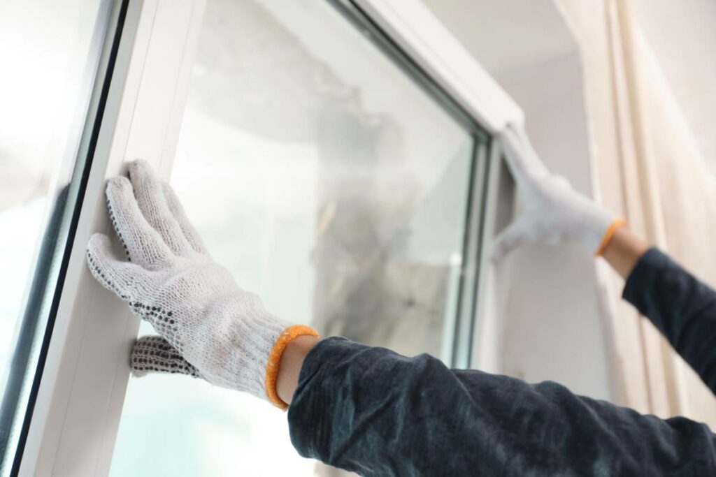 Person wearing gloves pushing a large window pane into place