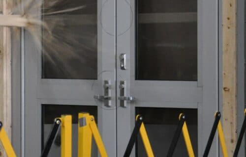 Insulgard Security Products™ STORMDEFEND™ TTH350 Door system undergoing Debris Impact testing.